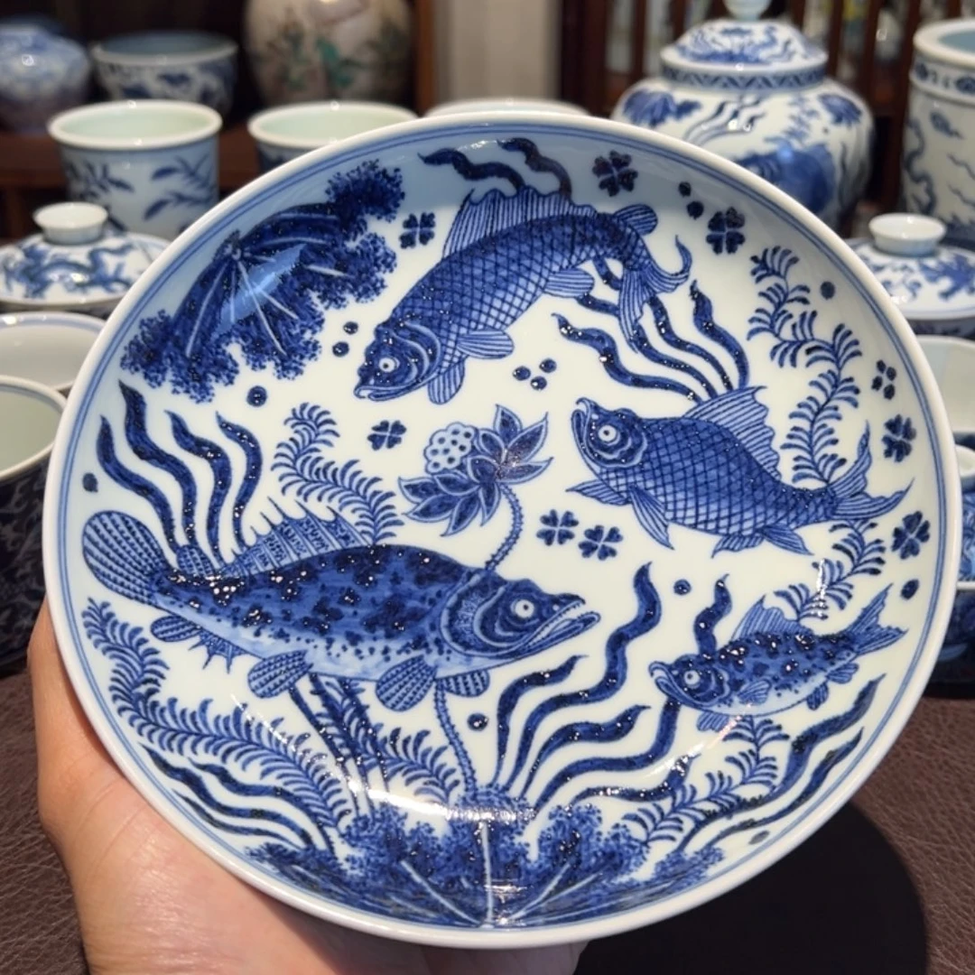 精品青花鱼藻纹九鱼壶承赏盘直径约19厘米