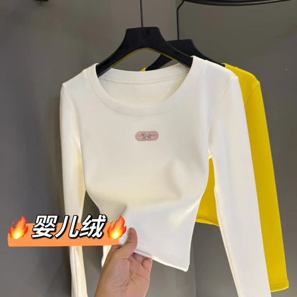 手工钉珠正肩t恤女小众设计感冬季新款甜辣加绒上衣内搭8007#