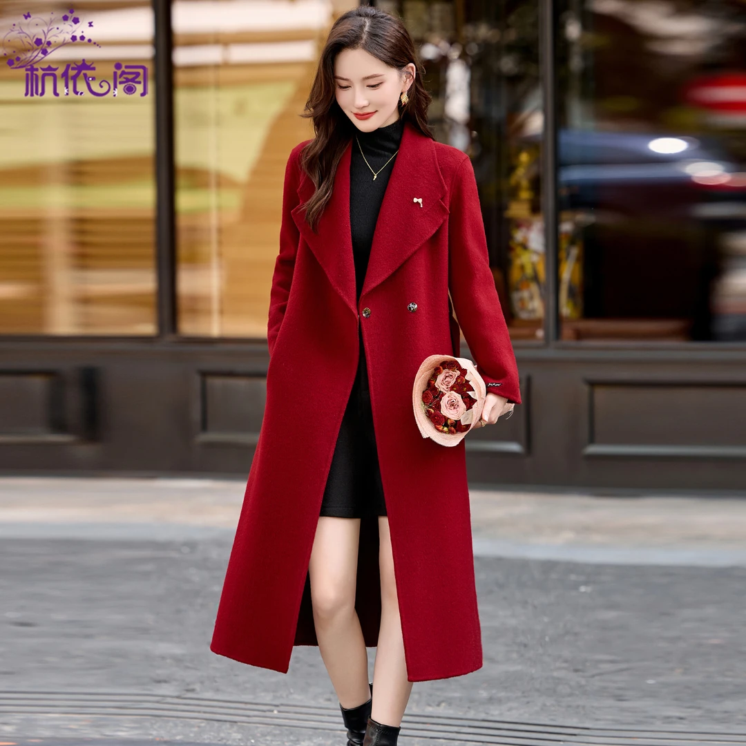 红色羊毛双面呢子大衣女2025新款秋冬高端时尚气质中长款毛呢外套