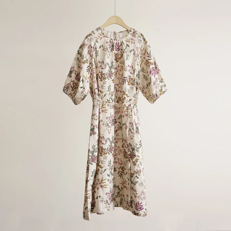 雨露麻100%亚麻田园印花插肩袖女士连衣裙（250858）20909