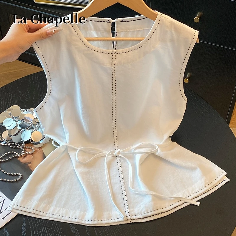 拉夏贝尔高级感系带收腰显瘦无袖白色衬衫女夏季独特洋气小衫上衣