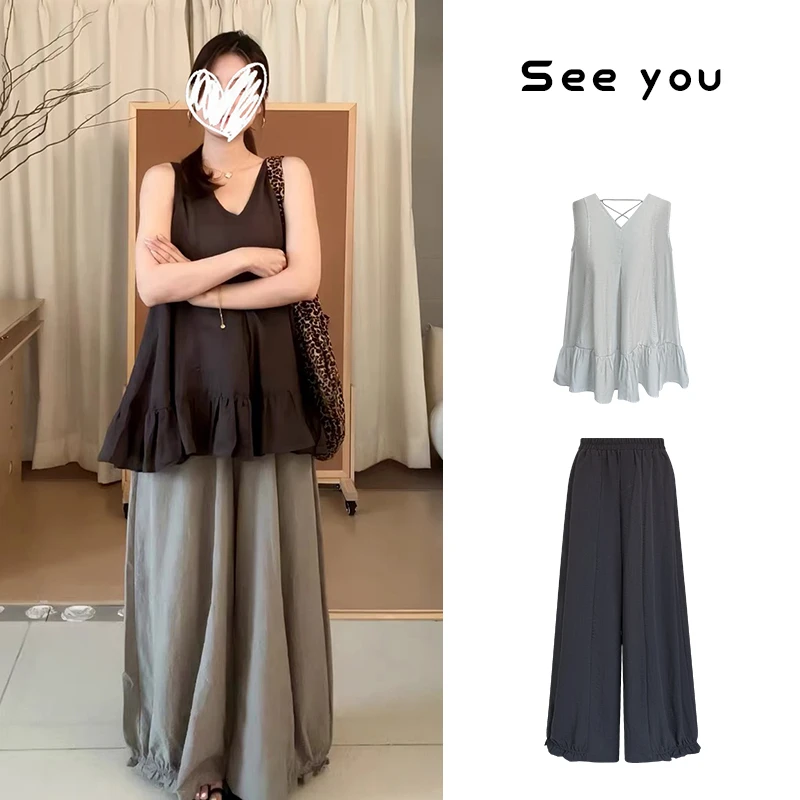 v领宽松娃娃衫绑带无袖背心+松紧腰灯笼休闲裤X1103+x1104