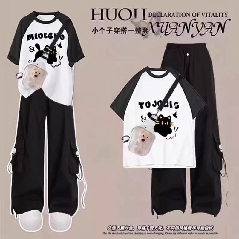 中大童夏季套装初中高中学生短袖T恤高腰工装裤学院风两件套潮款