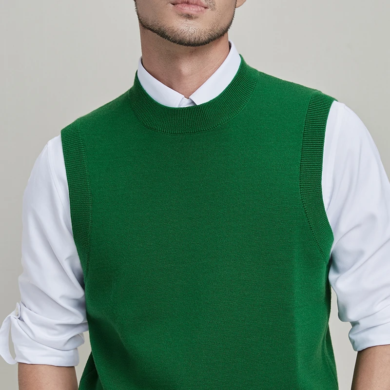 FACECITY秋季绿绵羊毛针织圆领修身背心男士针织无袖毛衣马甲坎肩
