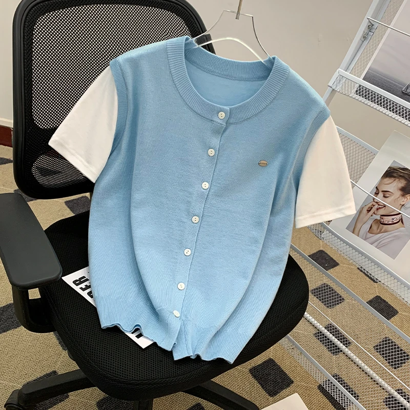 2025春夏新款撞色假两件针织衫圆领单排扣短袖T恤上衣女