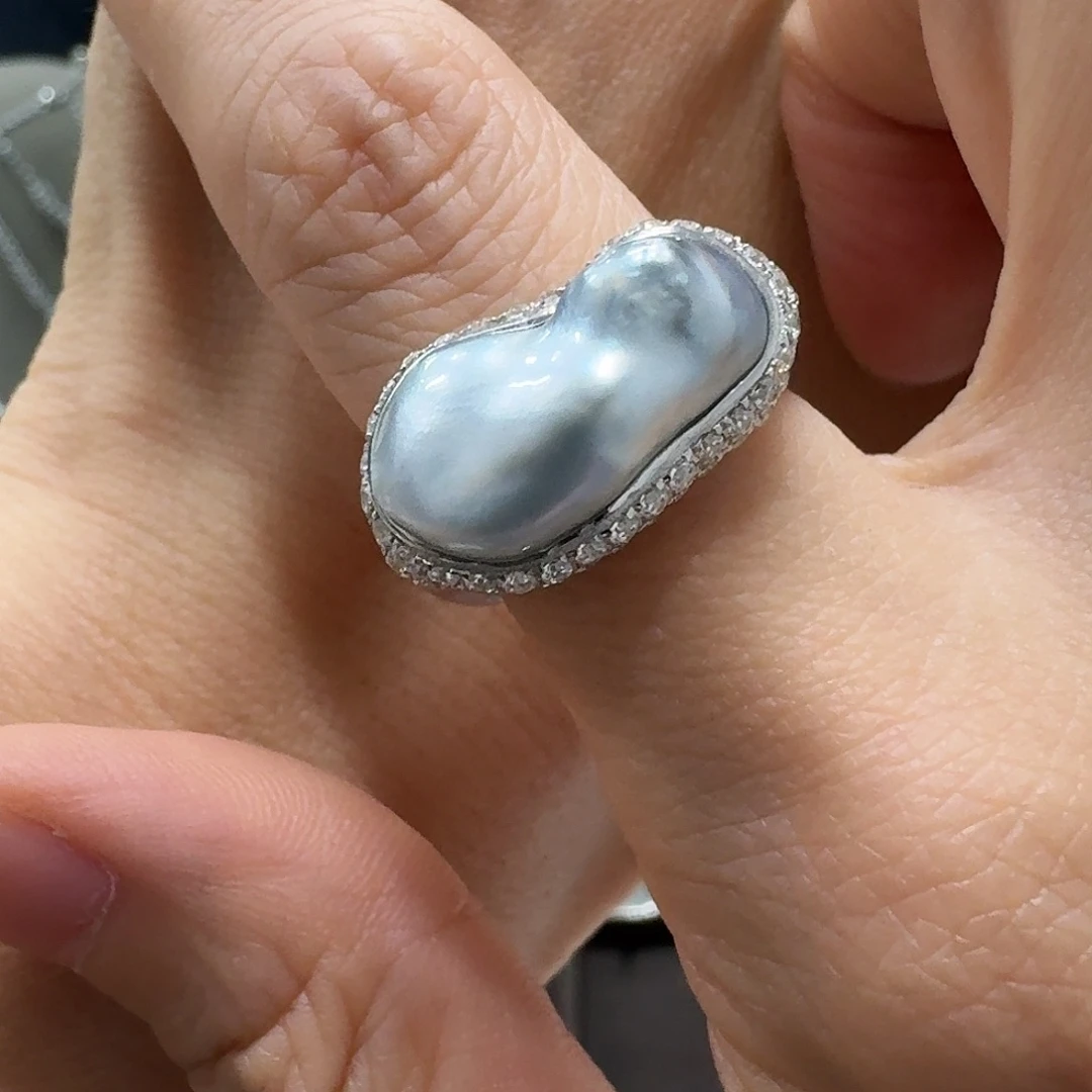 ღ***S海水珍珠银S925镶嵌戒指