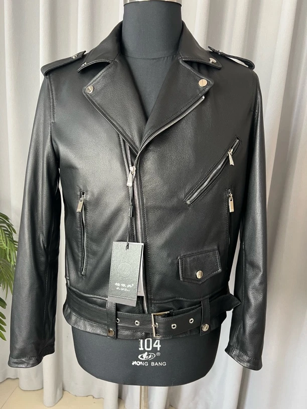 新款男士真皮皮衣山羊皮机车夹克斜拉链修身外套