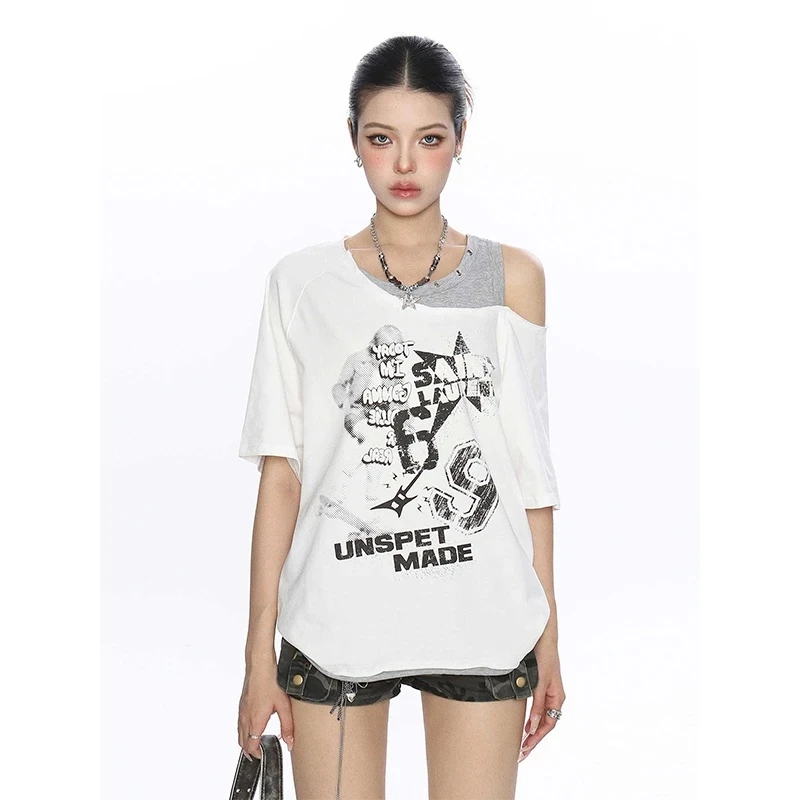 【运补6】纯欲风辣妹涂鸦印花假两件露肩短袖T恤女夏季设计感宽松