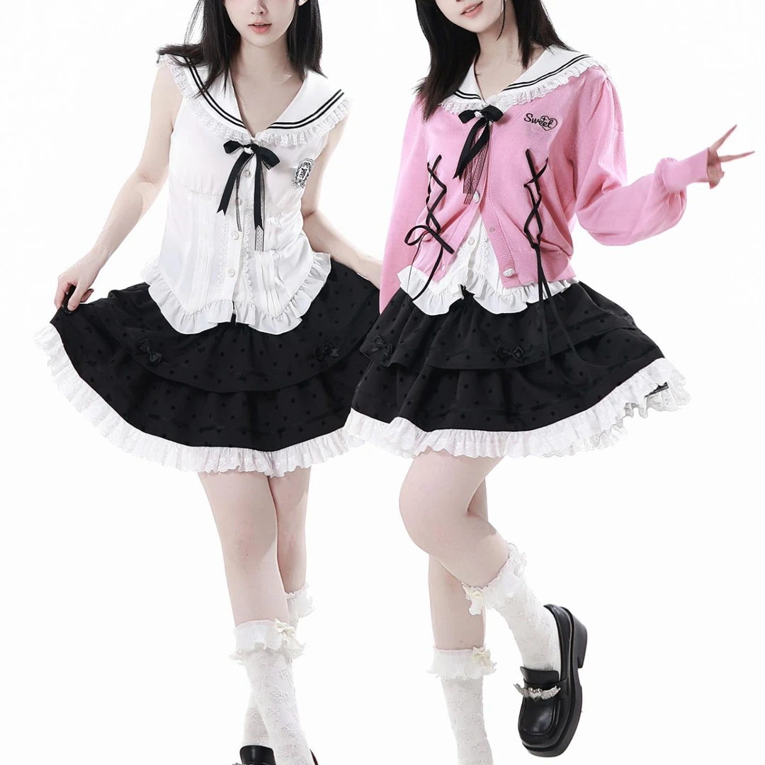 PINKSAVIOR【芭乐布蕾】夏日海军领无袖收腰衬衫蓬蓬半裙开衫