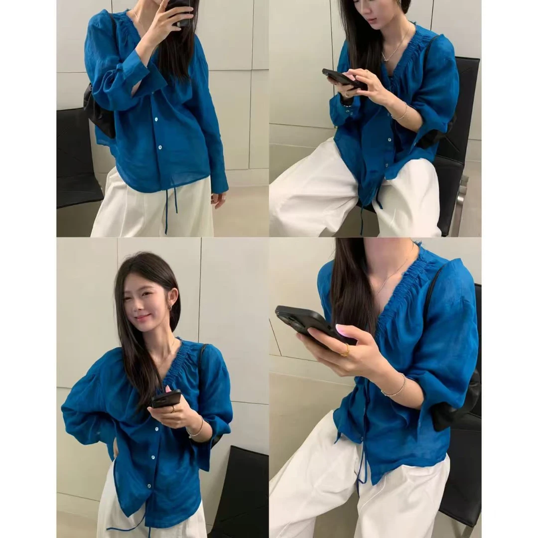 韩版气质领口磨毛设计感衬衣2556 衣长60