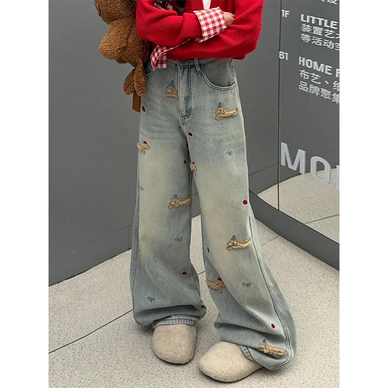 300斤大码女装腊肠狗刺绣牛仔裤女胖mm新款高腰显瘦直筒阔腿裤子