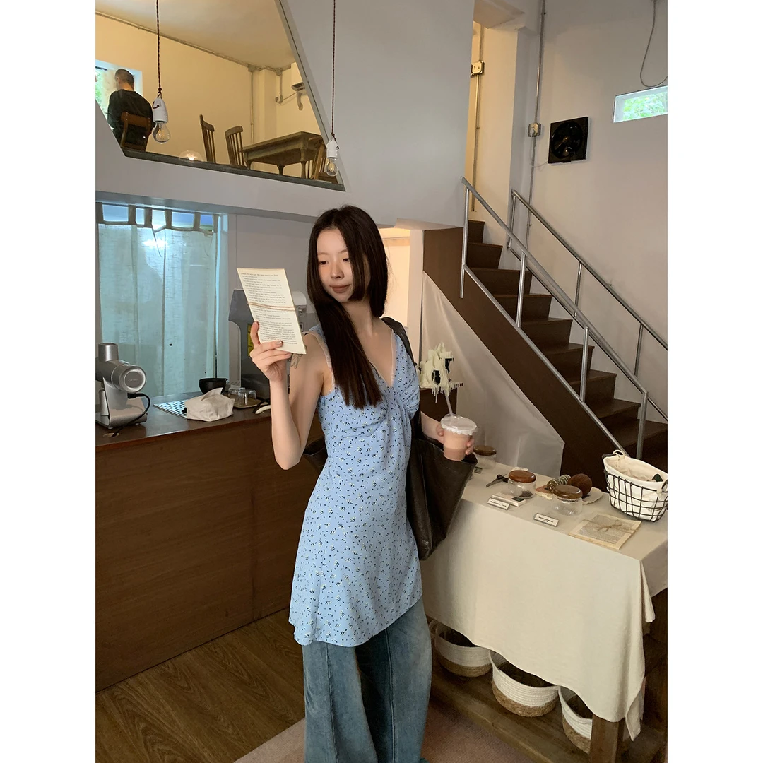 【七七清仓】碎花v领蓝色蕾丝BD连衣裙252M2456