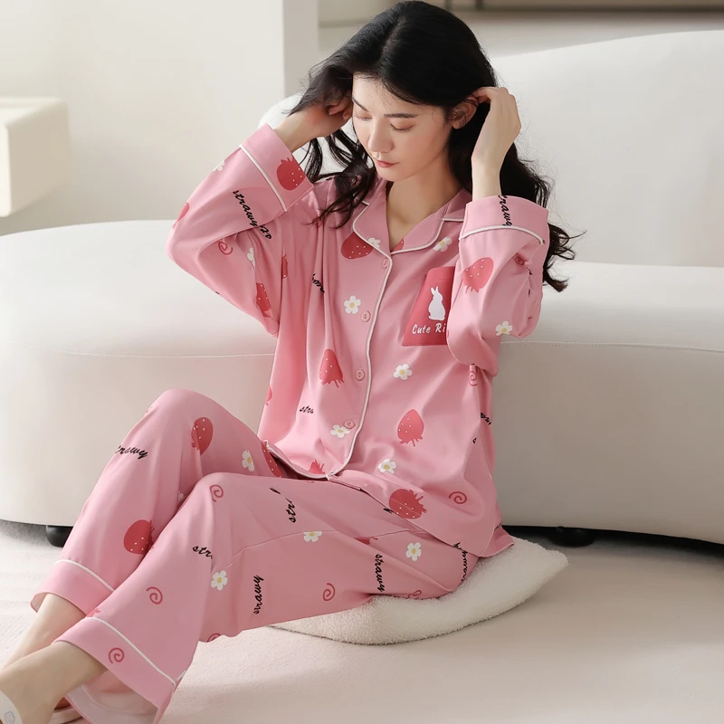 郑小姐~100%双面棉女家居服秋冬季纯棉睡衣长袖长裤套装粉色睡衣