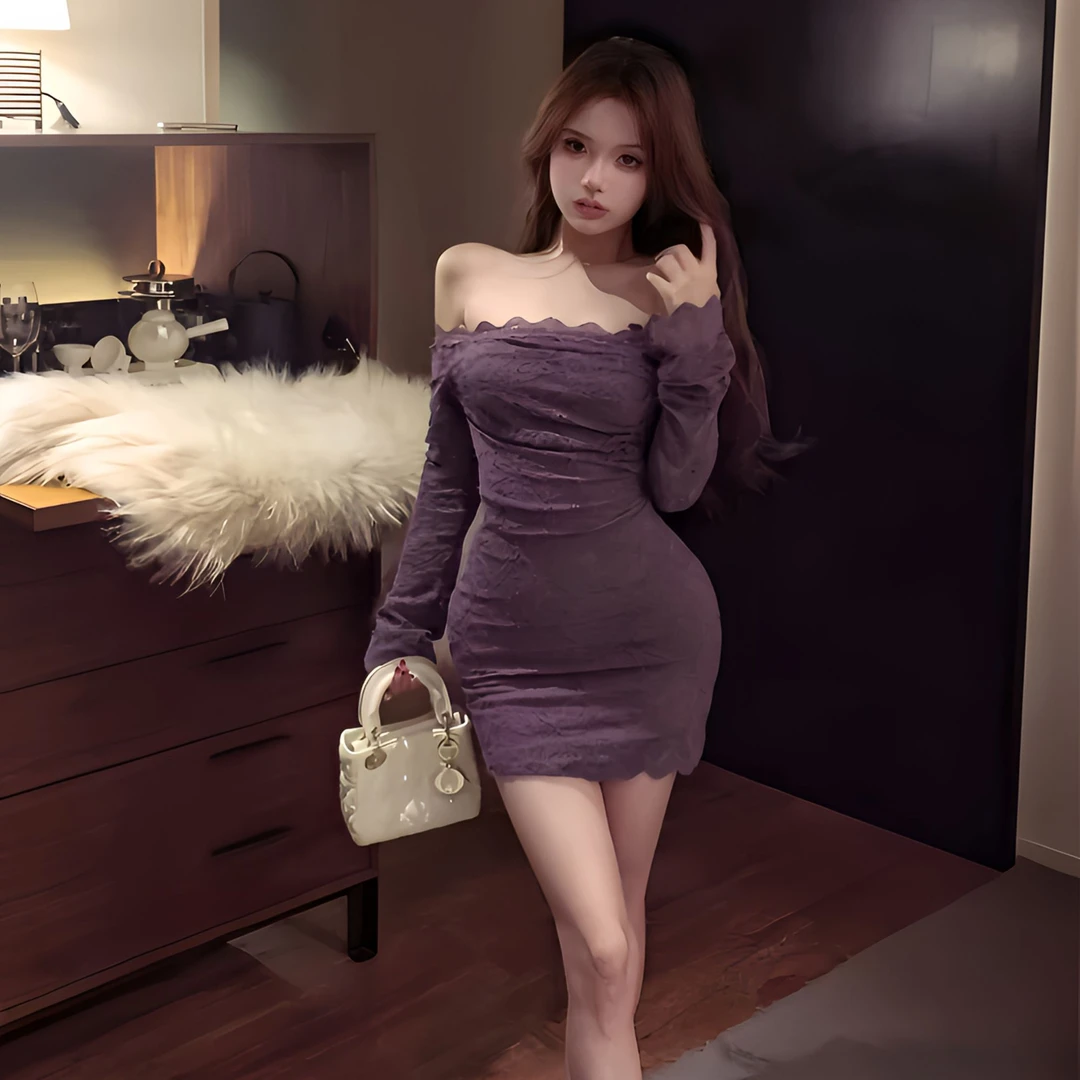小众爆款气质性感御姐风情万种蕾丝修身包臀裙一字肩紫色连衣裙春