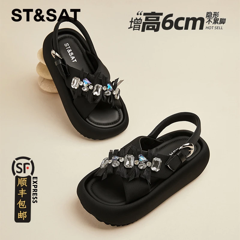 星期六水钻蝴蝶结厚底凉鞋女夏季新款甜美露趾踩屎感松糕罗马凉鞋