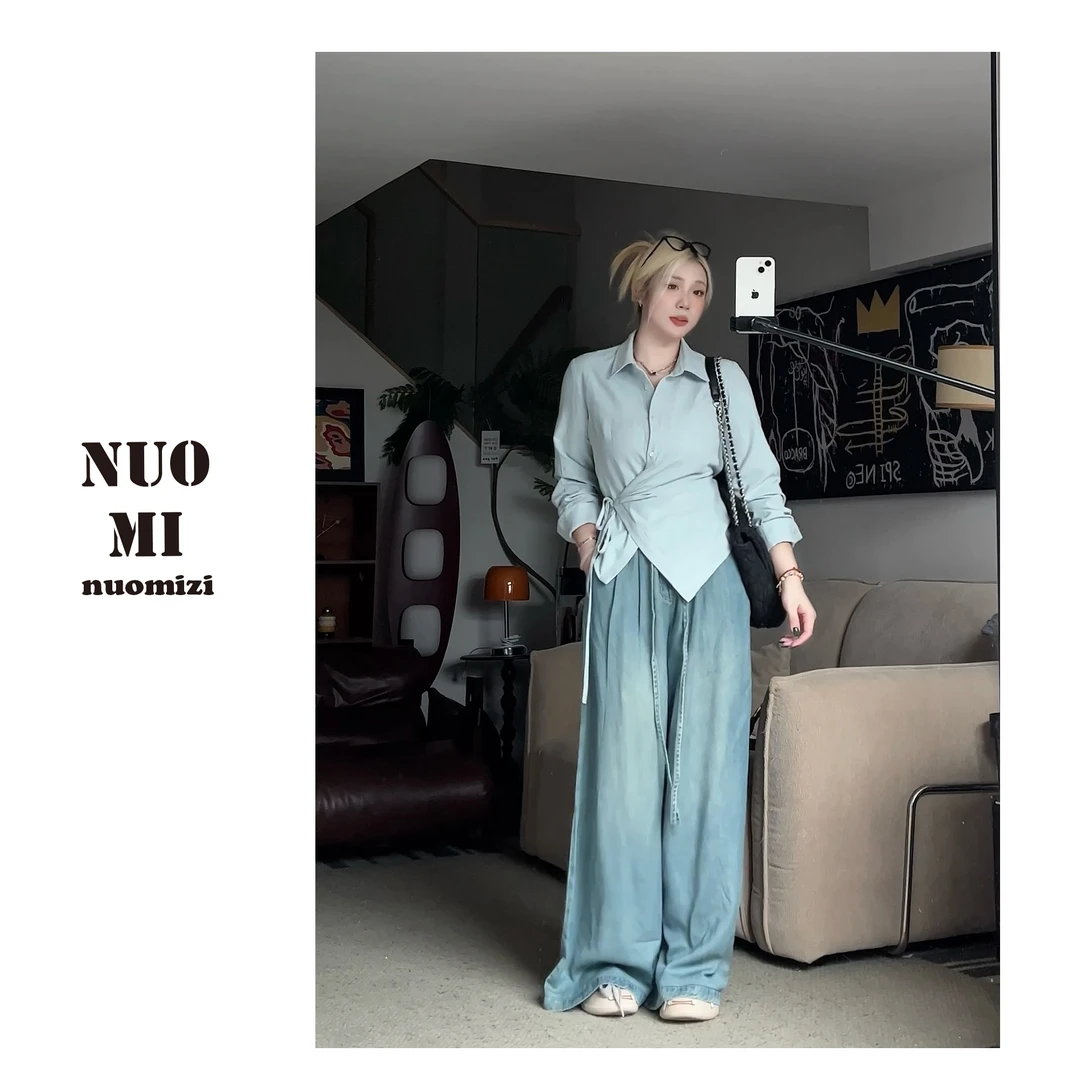 ZOZ糯米子[牛仔代表]复古高腰阔腿牛仔裤新款垂感百搭直筒裤+衬衫