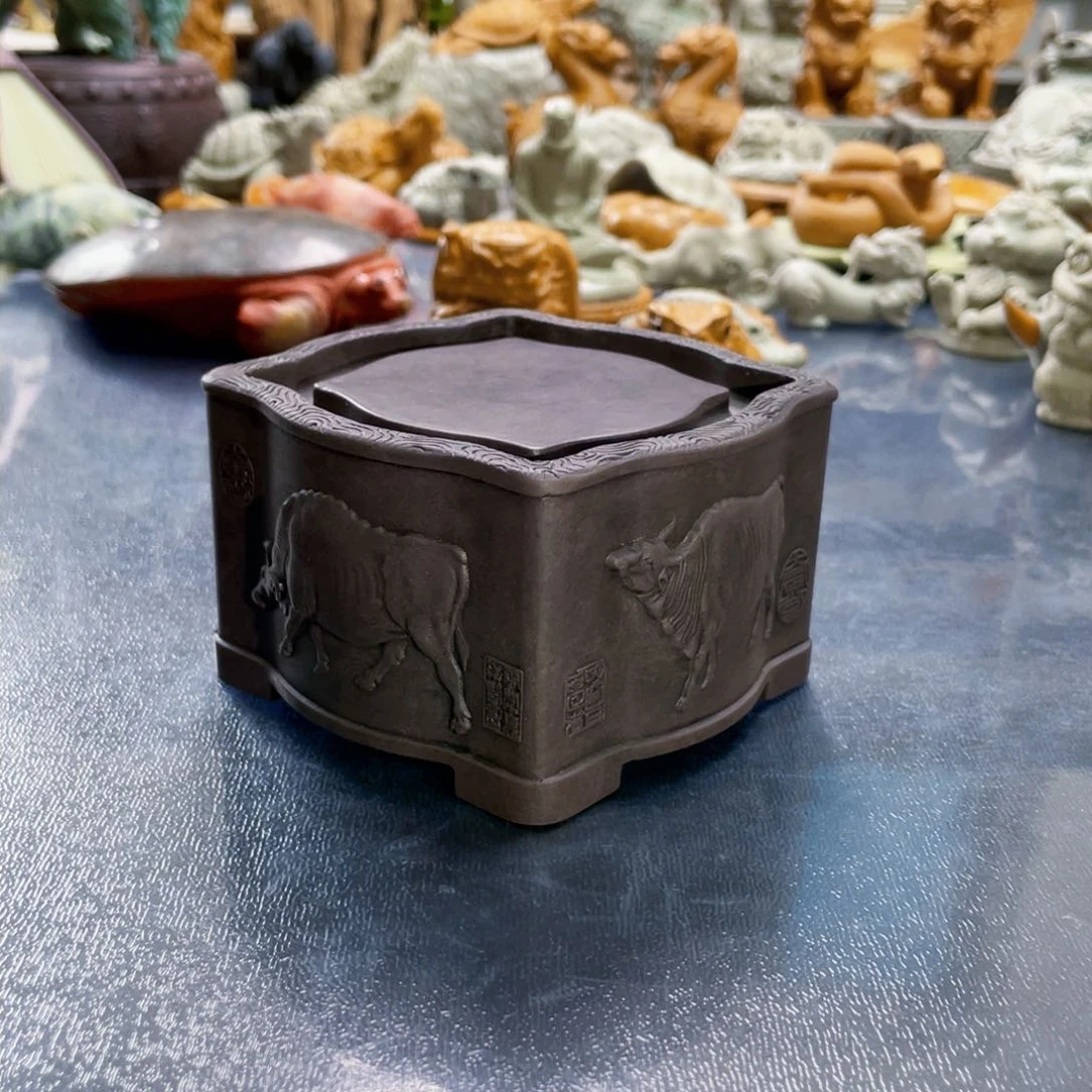 五牛图手工雕刻壶承10公分