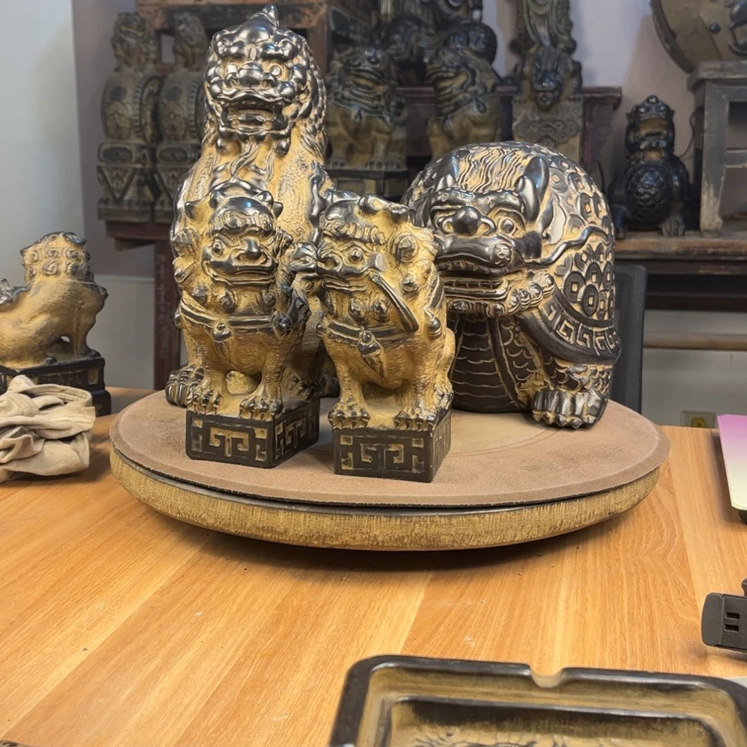 藏***阁石材 青石17连升狮子一对金钱龟一个将军貔貅一只