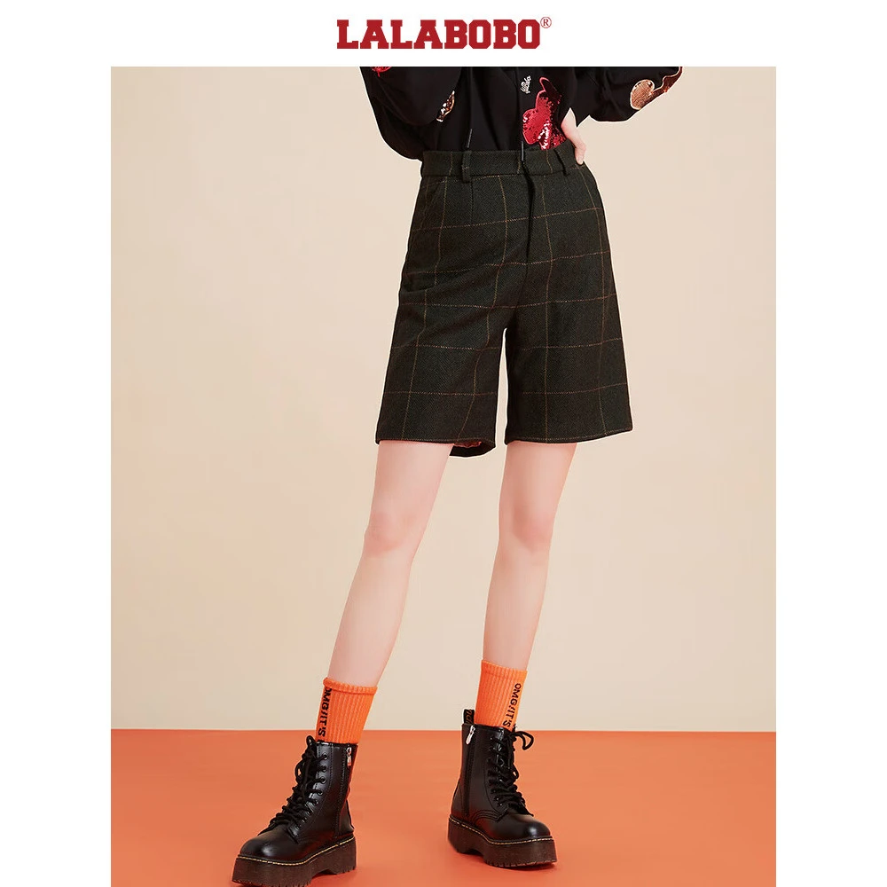 【芋总专属】LALABOBO设计师春新款复古休闲呢料格纹高腰五分裤