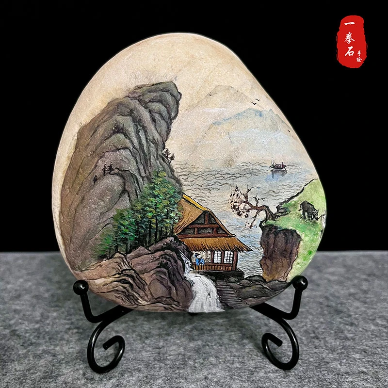 纯手绘石头画【山居听涛】装饰摆件防水不掉色