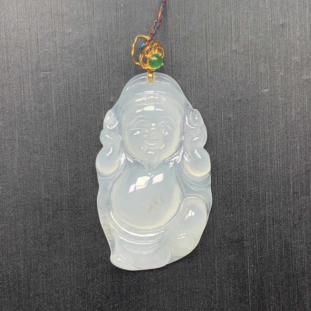 天然缅甸翡翠A货 18k金镶嵌肚里藏金冰胶财神