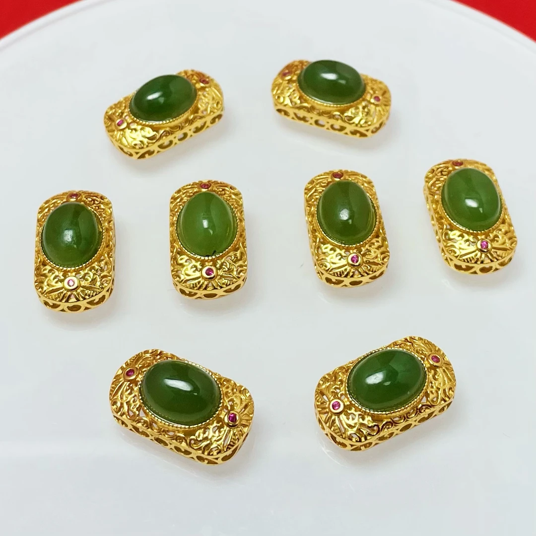 【萌宝饰品】B12和田玉碧玉蛋面手牌镶底托通孔手串DIY约宽8.5×15mm