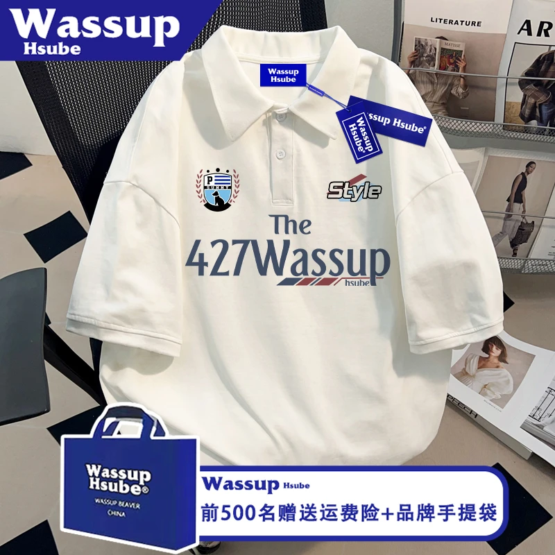 WASSUP HSUBE街头赛车风印花夏季纯棉POLO衫T恤ins白色男女款上衣