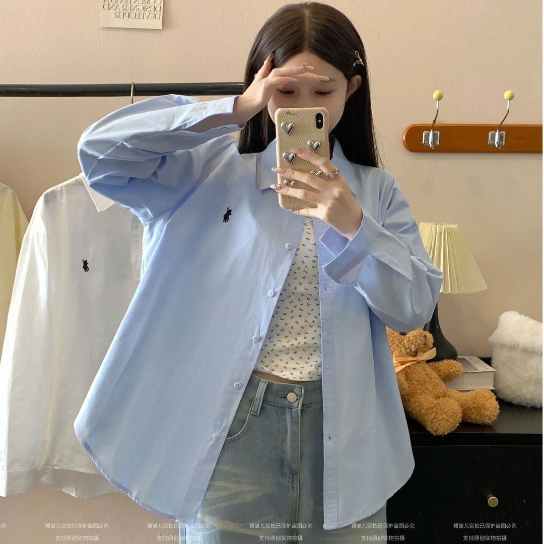 秋季刺绣新款小马洗水棉长袖衬衫斜纹棉软糯亲肤衬衣宽松百搭上衣