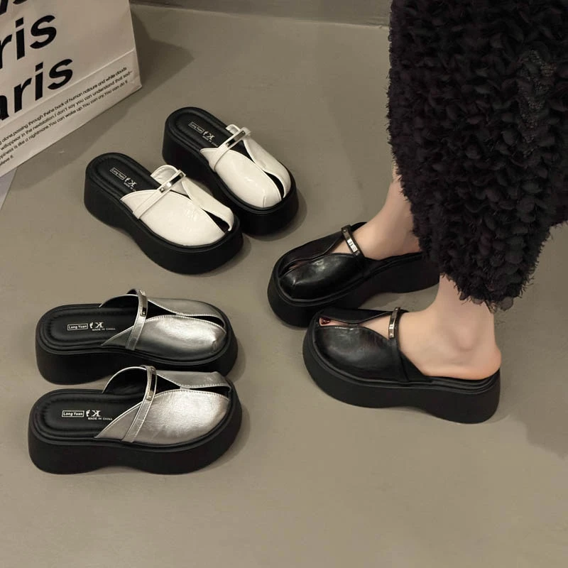 包头拖鞋女增高7cm凉拖2025夏季中跟日系百搭松糕底时尚复古方头