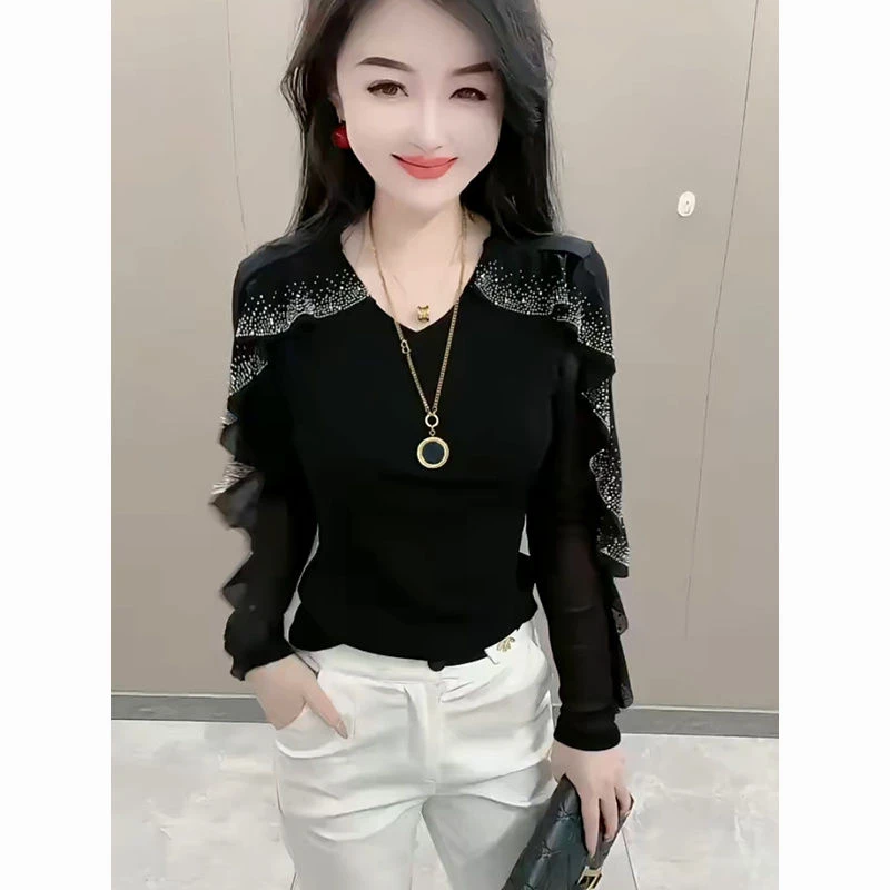 2025春季新款烫钻荷叶边拼接弹力网纱修身显瘦百搭V领网红爆款T恤