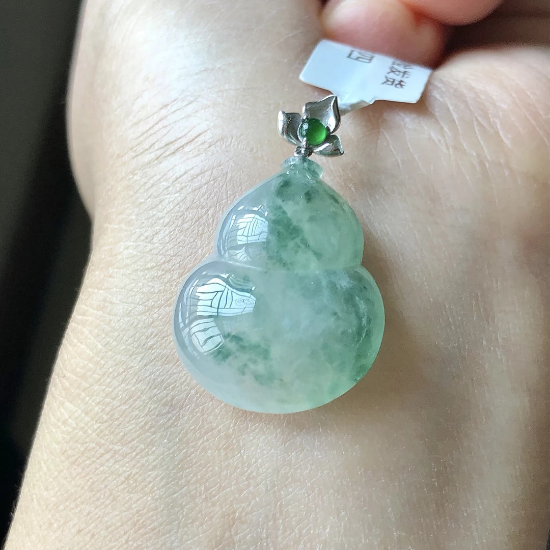 缅甸天然A货翡翠18k金镶嵌老坑冰种飘花葫芦吊坠