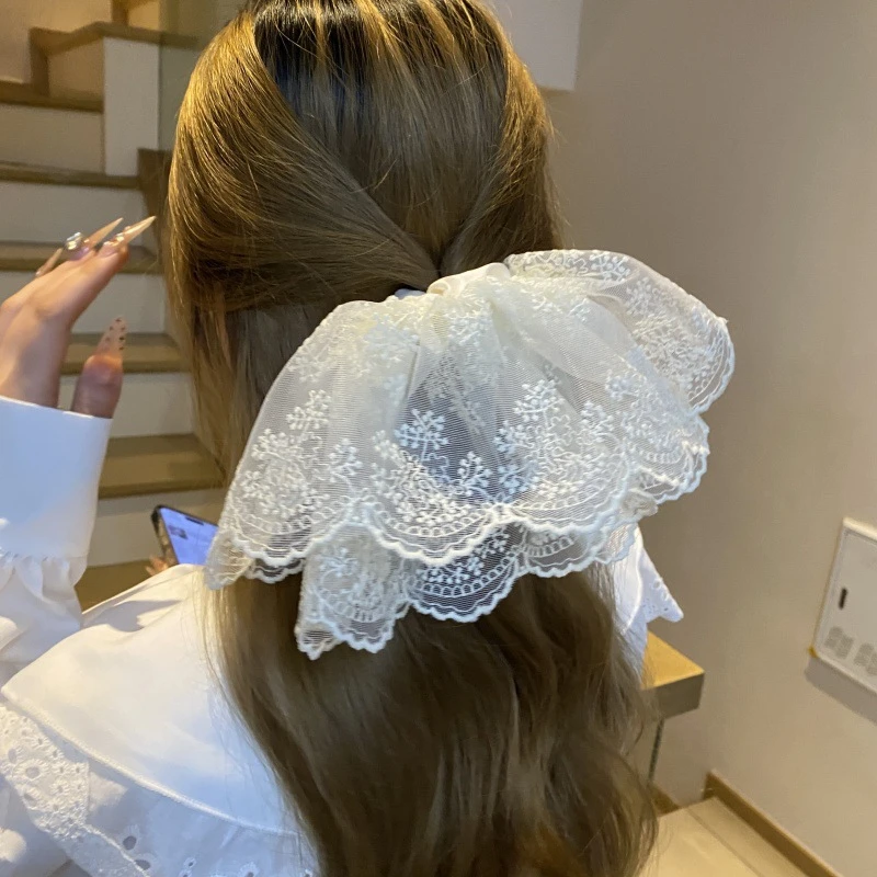 法式黑色蕾丝双层裙摆大肠发圈女气质扎马尾头花高级感丸子头发绳