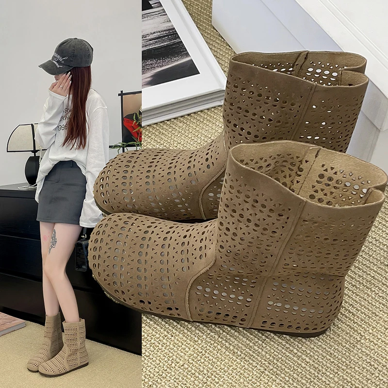 韩版2025夏季博肯镂空洞洞靴厚底时尚增高复古新款女士小短靴网靴