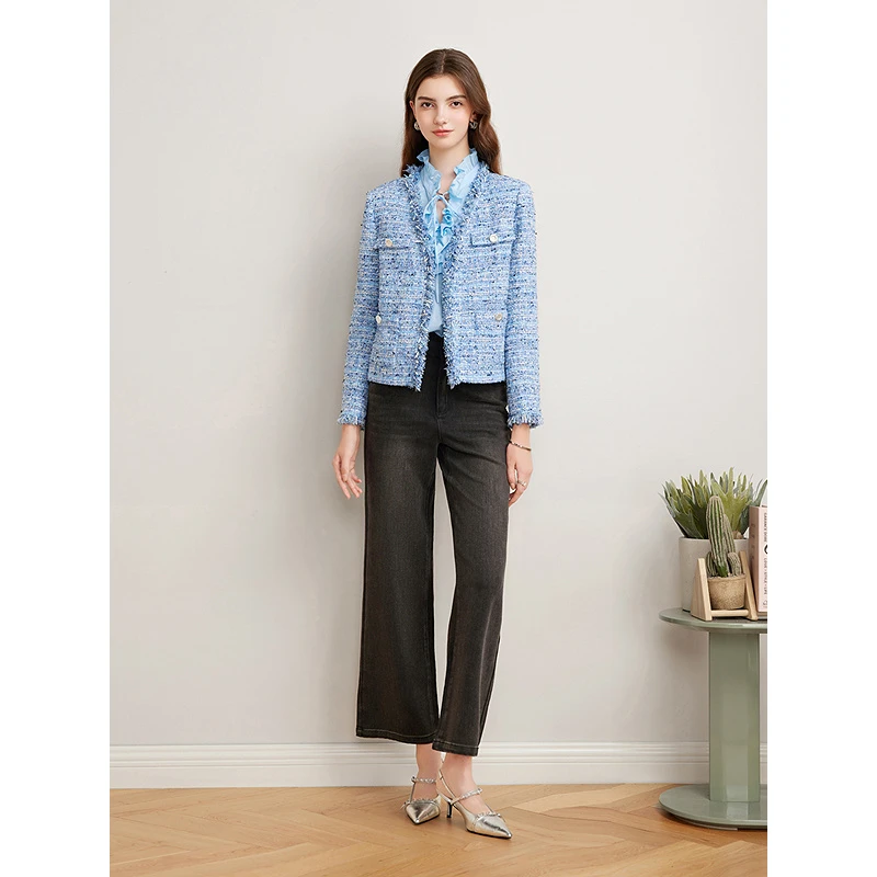 Goodland美地2025春季法式优雅流苏花边粗花呢短外套LC35110070