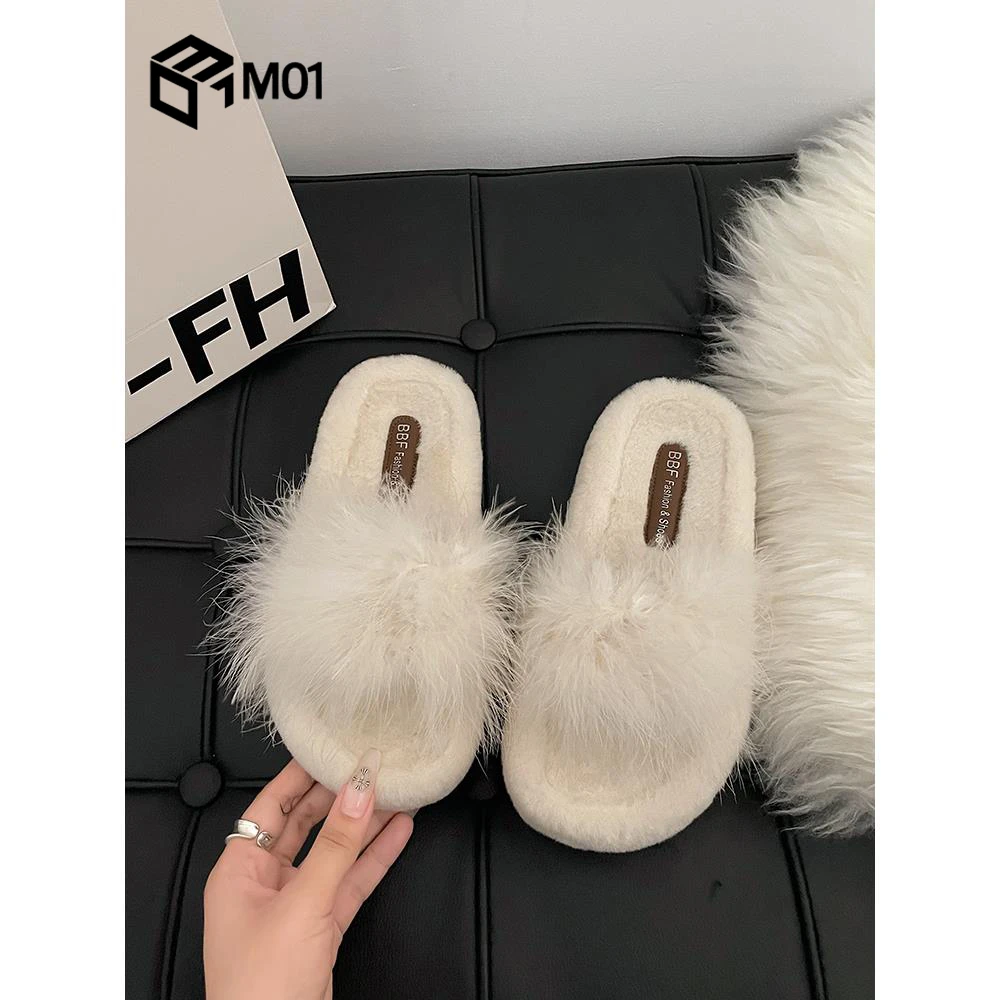 M01毛毛拖鞋女春秋外穿新款时尚软毛百搭网红厚底防滑秋季一字拖