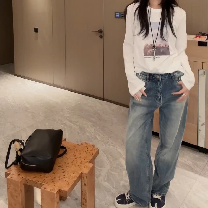 新款做旧印花长袖T恤+白毛须复古洗水休闲直筒裤套装LK2505977