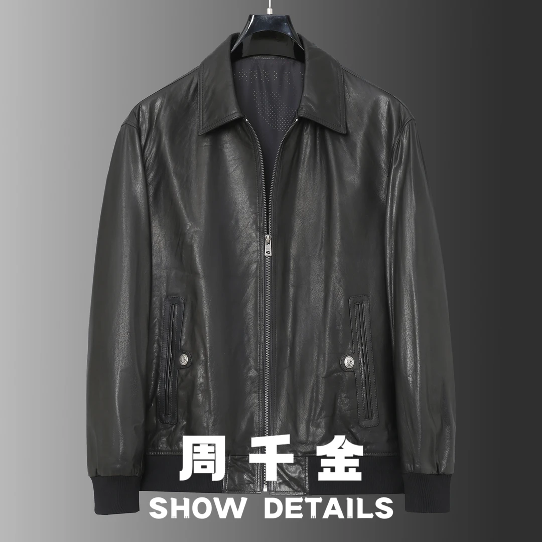 【周千金】无涂真皮头层牛皮油蜡复古翻领夹克春秋款男士皮衣