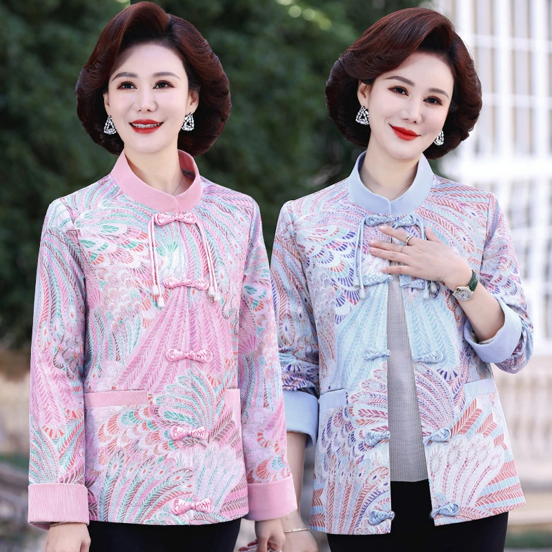 妈妈春装新中式外套洋气新款中老年女秋季短款上衣民族风盘扣唐装