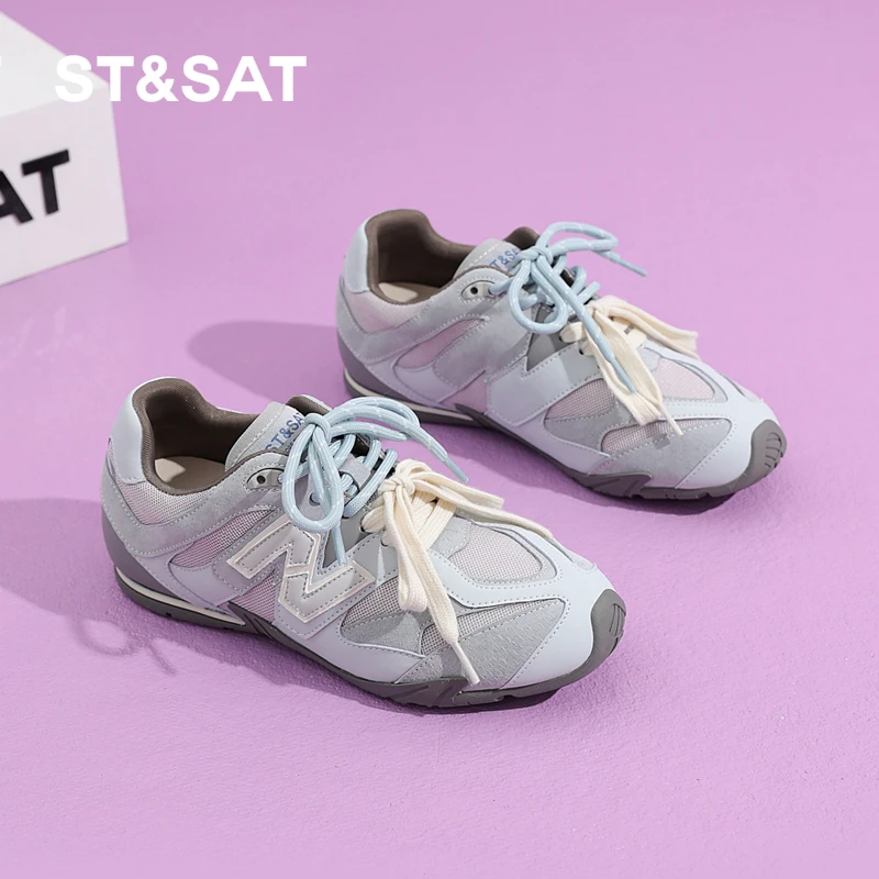 星期六真皮内增高德训鞋女2025新款双鞋带显脚小运动鞋休闲阿甘鞋