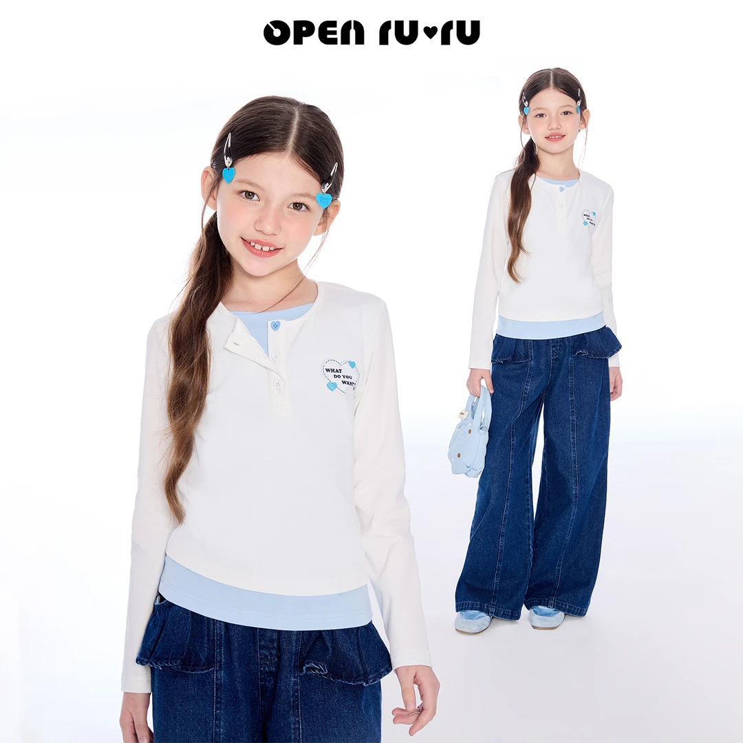 Opennunu女童假两件长袖t恤T恤秋季中大童爱心印花圆领撞色上衣