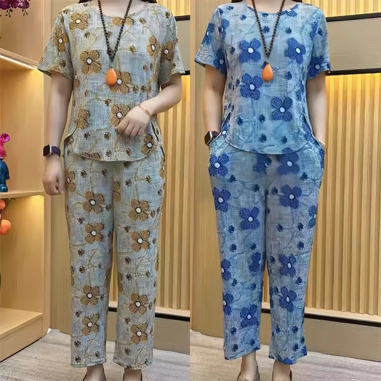 时尚妈妈装夏季新款休闲短袖套装中老年女显瘦遮肉上衣裤子两件套