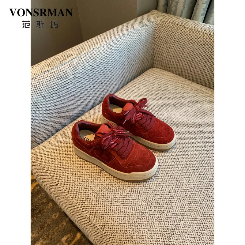 范斯玛红色板鞋女2025秋新款磨砂皮复古系带百搭厚底休闲女运动鞋