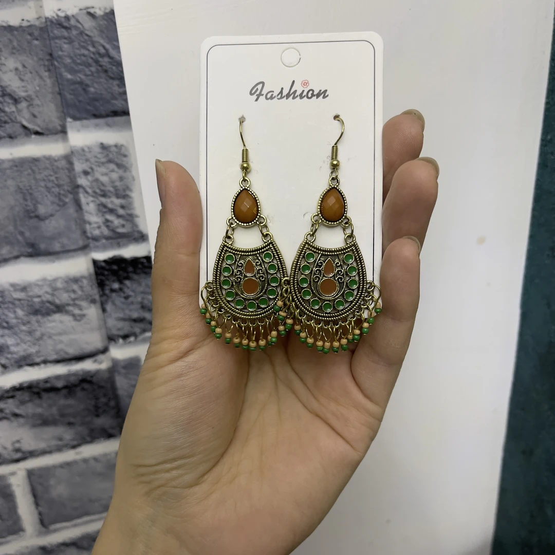 非金属树脂耳饰 民族风金色几何图案绿色耳环珠宝耳钩复古耳饰