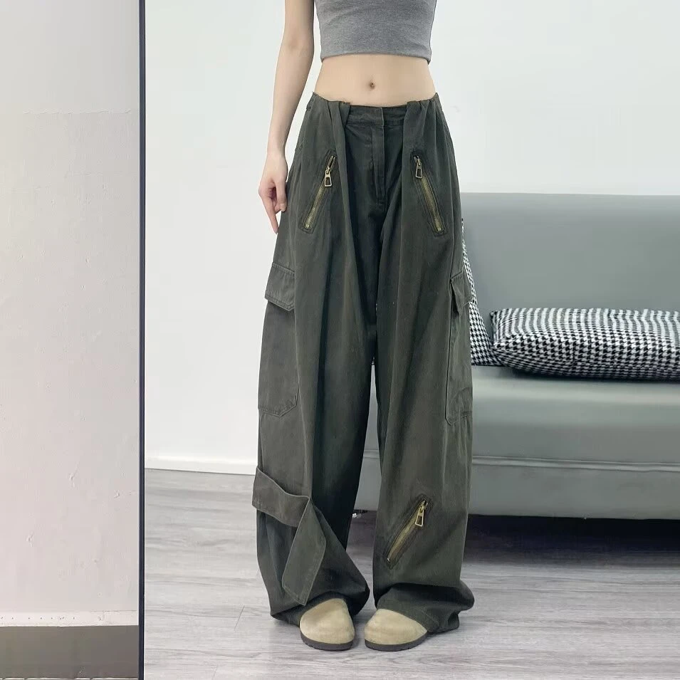 美式复古军绿色伞兵工装裤女潮牌高街多口袋宽松直筒阔腿拖地裤子