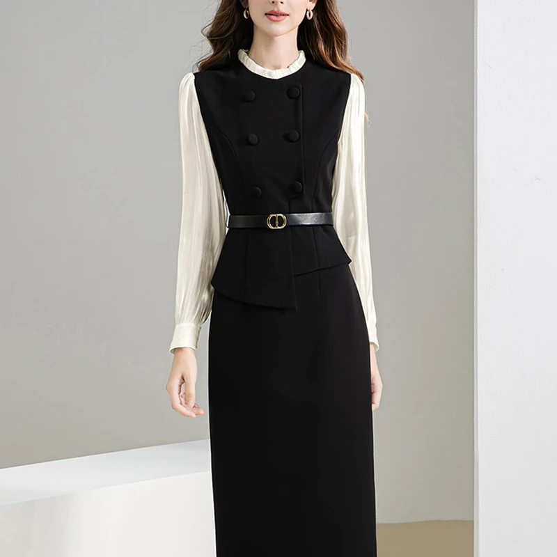 2025秋季气质通勤假两件长袖拼接系带修身包臀洋气女装连衣裙2116