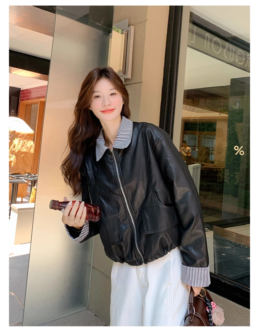 条纹拼接假两件皮衣外套女2025秋季新款休闲翻领小个子机车皮夹克