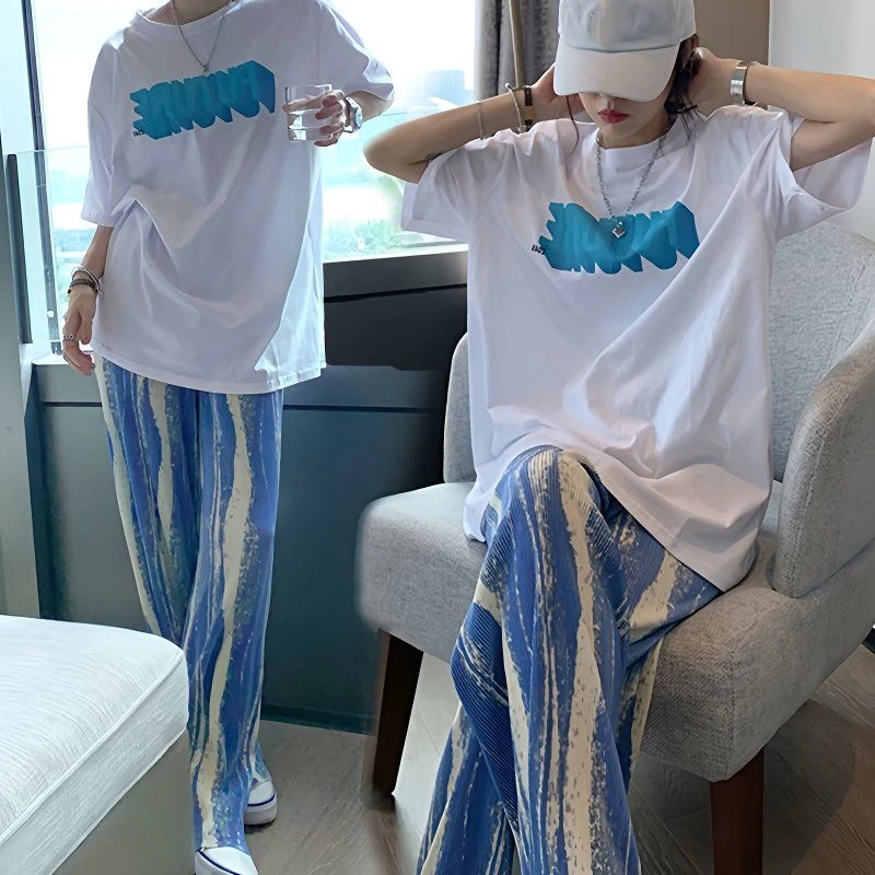 300斤大码冰丝扎染套装女夏季新款高腰宽松短袖t恤+阔腿裤两件套