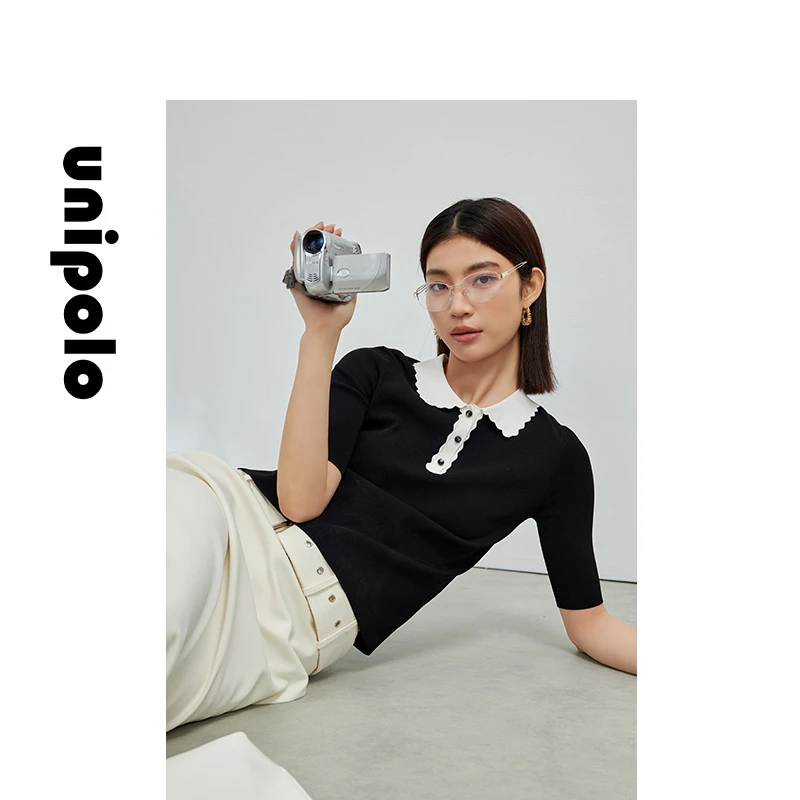 unipolo 夏季新款波浪领双色高弹时尚气质百搭针织衫短袖上衣