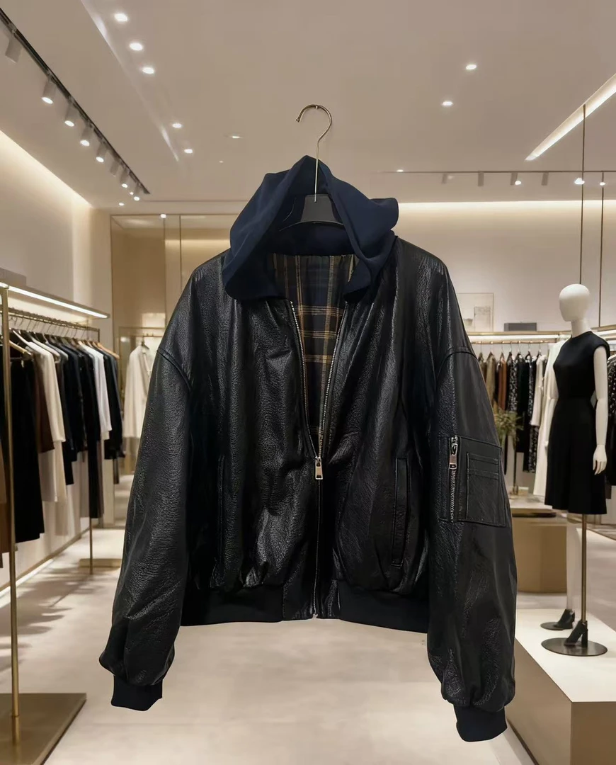 58289长袖连帽宽松型酷飒风翻领皮衣黑色设计师女装短外套