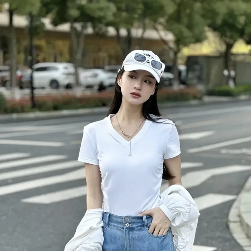 GIRDEAR/哥弟夏季上衣侧边收褶白色短袖修身女士短款t恤女1300888